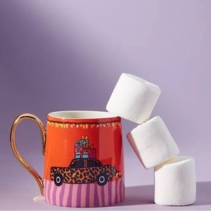 Anthropologie KENDRA DANDY GIFTS IN TRANSPORT Coffee MUG Christmas Leopard Car